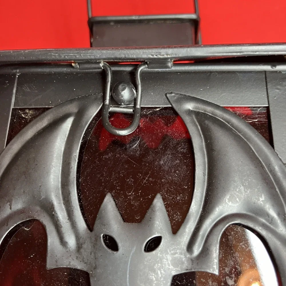 Illuminations Votive Lantern / Bats / Black Metal / Tea Light Holder / Red Glass